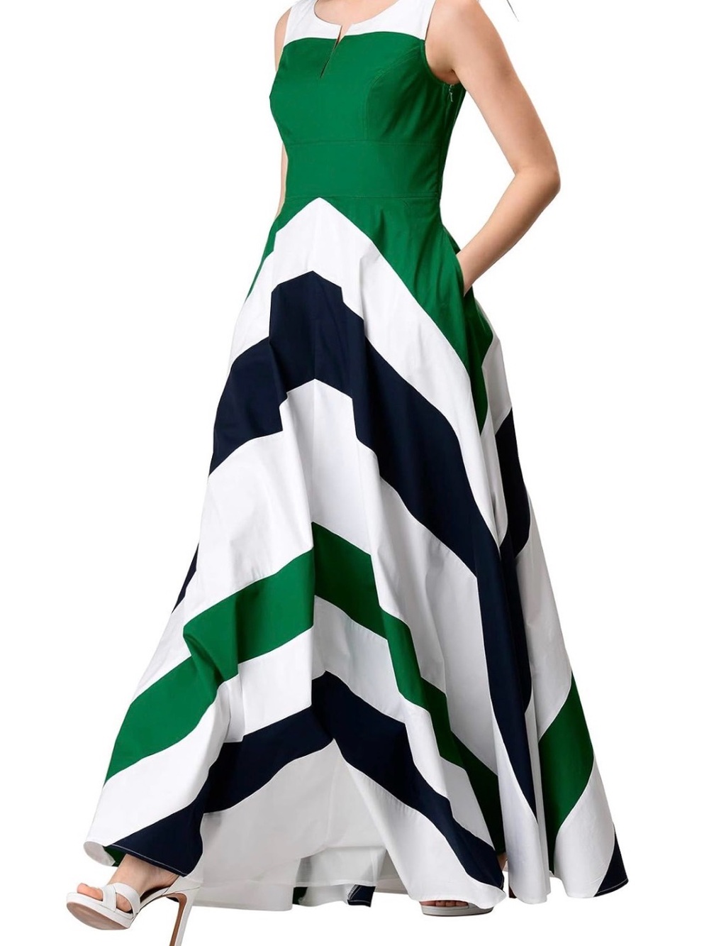 eshakti Green, White & Navy Chevron Maxi Dress size Large